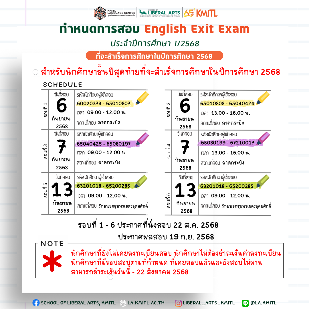 กำหนดการสอบ English Exit Exam ปีการศึกษา 2568 | School of Liberal Arts